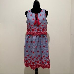 Entro Mini Dress Blue White Cotton Checkered Embroidered Floral Tie Neck Size S